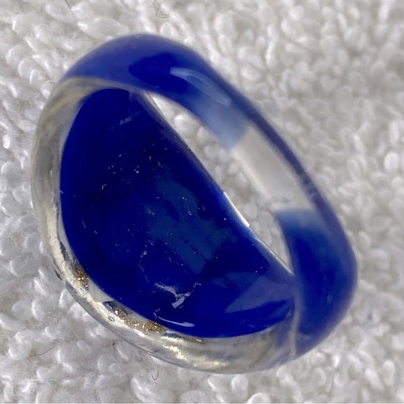 Vintage Art Glass Handmade Blue White & Copper Glitter Band Ring - Picture 10 of 12